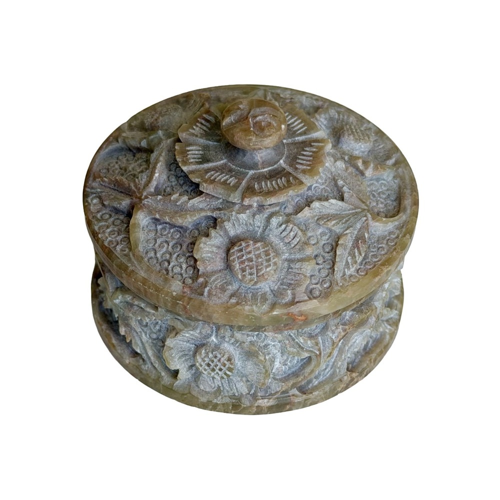 Vintage Hand Carved Trinket Stone Box Soapstone Floral Lid Ring Box Keepsake